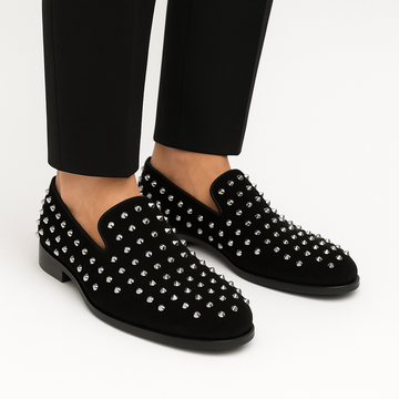 Shiny Nickle Stud Black Velvet Slip-Ons