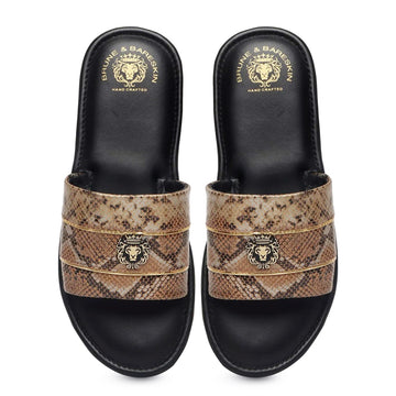 Snake Print Leather With Golden Stripes Slide-In-Slippers by Brune & Bareskin