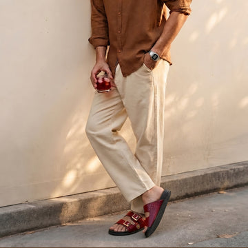 Adjustable Buckle Slipper in Wine Deep Cut Leather