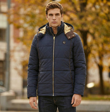 Hoodie Blue Puffer Genuine Leather Trim Jacket by Brune & Bareskin
