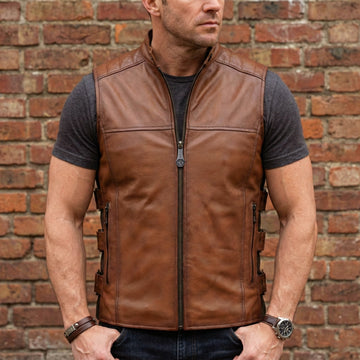 Sleeveless Biker Vest in Tan Full Grain Leather