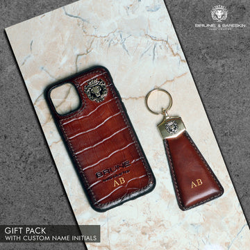 Tan Croco Print Leather Mobile Cover and Keychain Combo by Brune & Bareskin