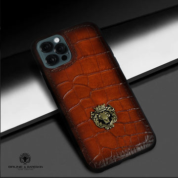 Tan Croco Print Leather Mobile Cover by Brune & Bareskin