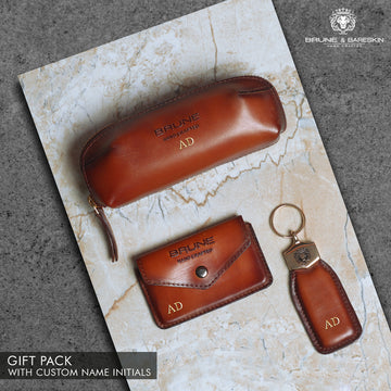 Tan Genuine Leather Combo of Eyewear Cover, Card Holder and Keychain by Brune & Bareskin