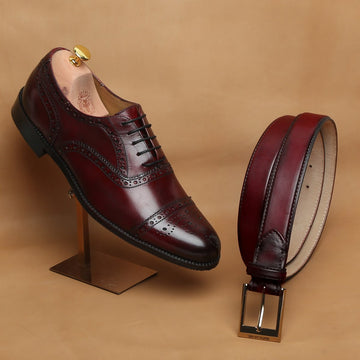 Combo of Wine Mod Quarter Brogue Leather Oxfords Shoes by Brune and matching Belt