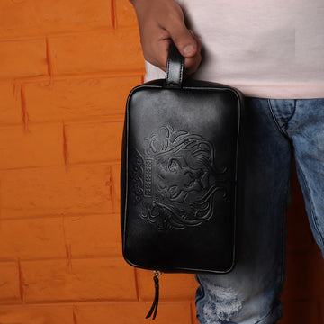 Embossed Lion Genuine Leather Slim Kit Bag for Travel by Brune & Bareskin