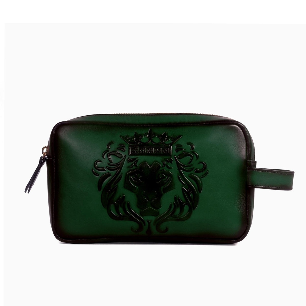Unisex Green Genuine Leather Embossed Lion Slim Kit Bag for Travel by Brune & Bareskin