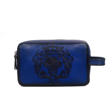 Unisex Blue Genuine Leather Embossed Lion Slim Kit Bag for Travel by Brune & Bareskin