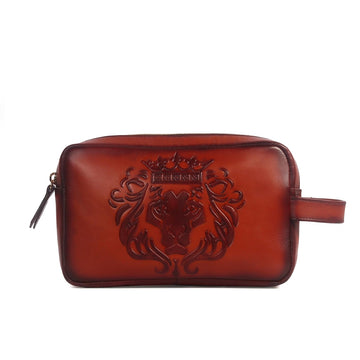 Embossed Lion Unisex Tan Genuine Leather Slim Kit Bag for Travel by Brune & Bareskin