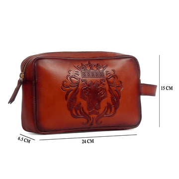 Embossed Lion Unisex Tan Genuine Leather Slim Kit Bag for Travel by Brune & Bareskin