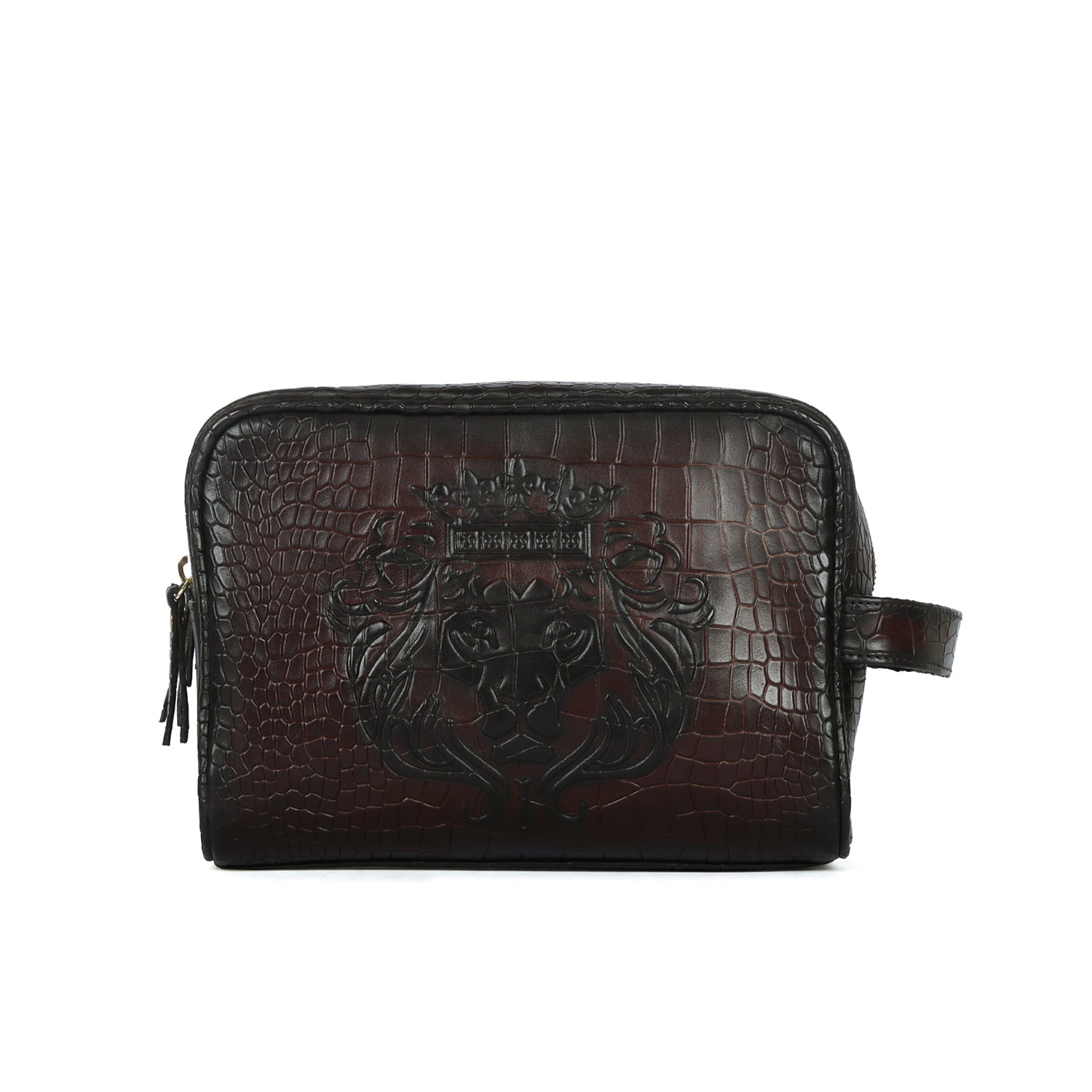 Embossed Lion Deep Cut Dark Brown Leather Toiletry/Slim Kit Travel Bag by Brune & Bareskin