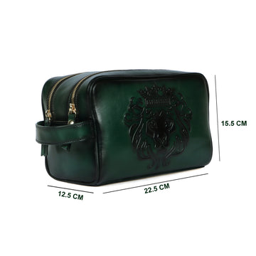 Embossed Lion Zipper Short Travel Toiletry / Slim Kit Leather Bag for Cabin Luggage By Brune & Bareskin