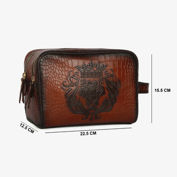 Deep Cut Tan Leather Toiletry / Slim Kit Travel Bag With Embossed Lion by Brune & Bareskin