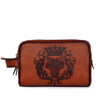 Tan Leather Embossed Lion Travel & Short Travel Toiletry / Slim Kit Bag for Cabin Luggage By Brune & Bareskin