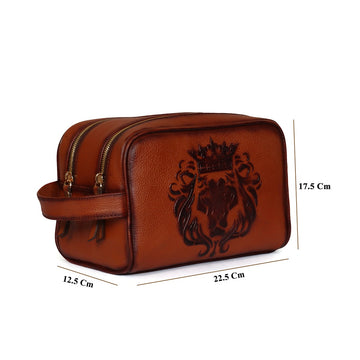 Tan Leather Embossed Lion Travel & Short Travel Toiletry / Slim Kit Bag for Cabin Luggage By Brune & Bareskin