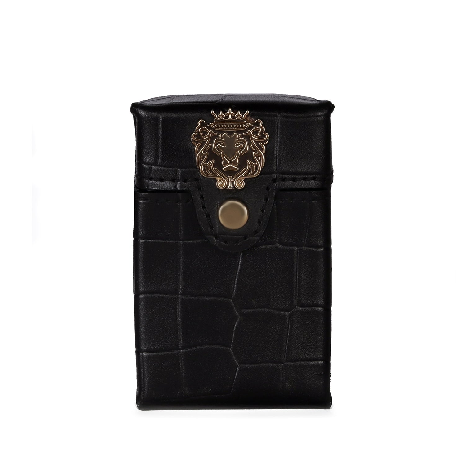 Metal Lion Vintage Patina Cigarette Carrying Case Black Deep Cut Croco Print Leather By Brune & Bareskin
