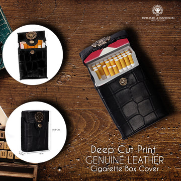Metal Lion Vintage Patina Cigarette Carrying Case Black Deep Cut Croco Print Leather By Brune & Bareskin