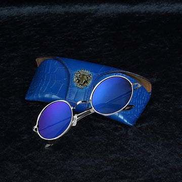 Deep Cut Smokey Sky Blue Leather Looped Closure Eyewear Glasses Cover With Metal Lion by Brune & Bareskin