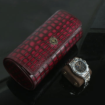 Pink Smokey Finish Deep Cut Croco Leather Wrist Watch Roll by Brune & Bareskin