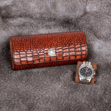 Tan Deep Cut Croco Leather Wrist Watch Roll by Brune & Bareskin