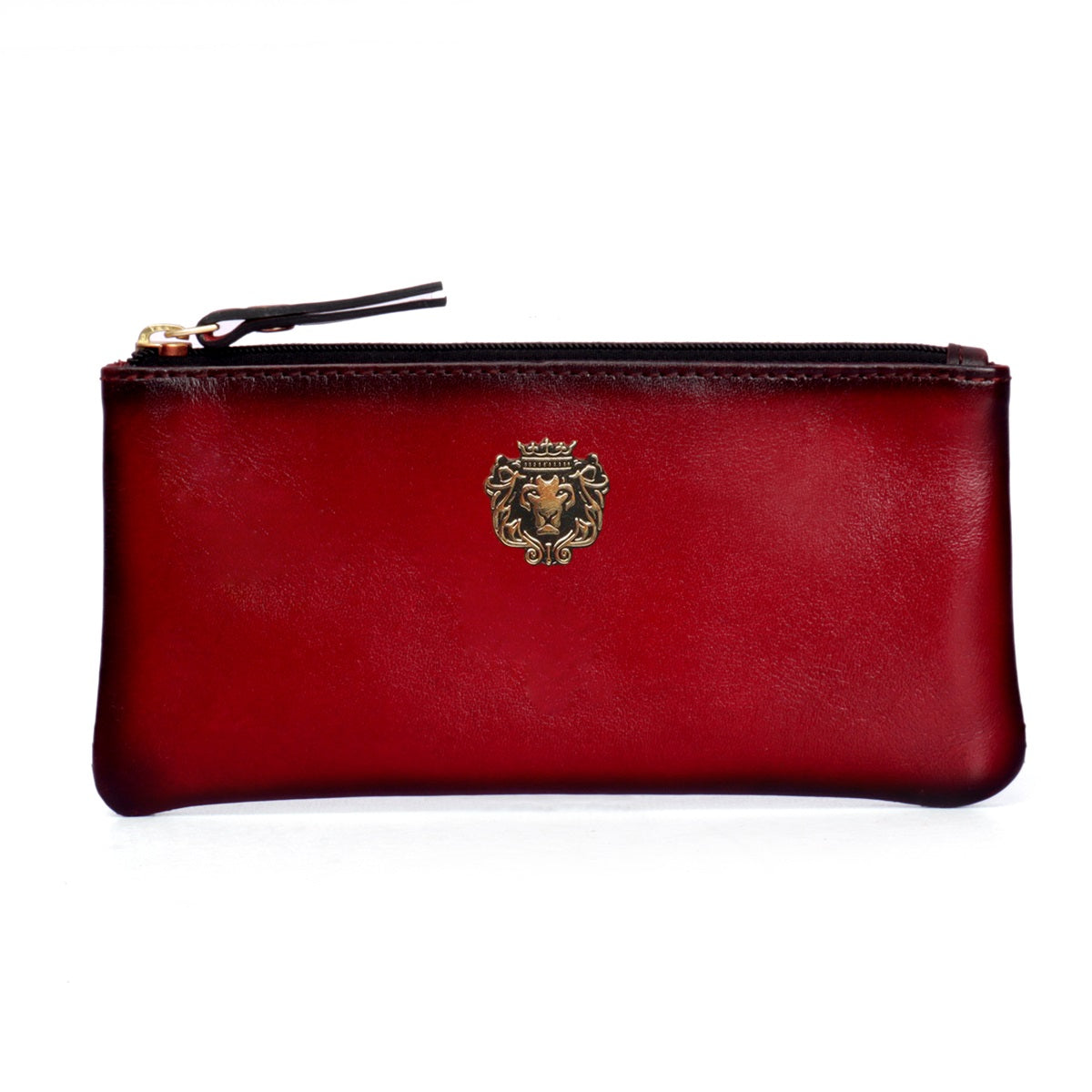 Unisex Wine Plain Genuine Leather Pouch With Metal Lion Logo By Brune