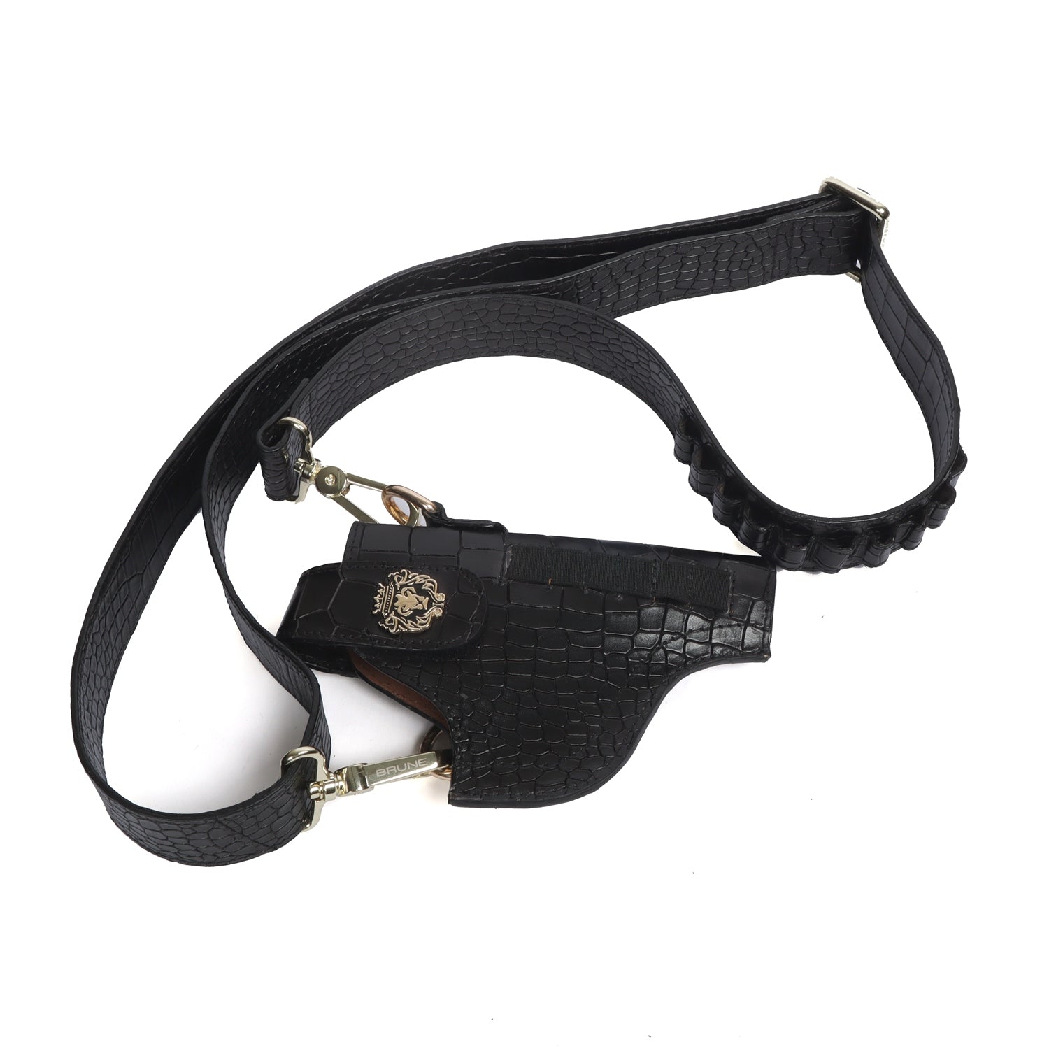Adjustable Strap .32 Revolver Cover in Black Croco Textured Leather With Bullets Holder