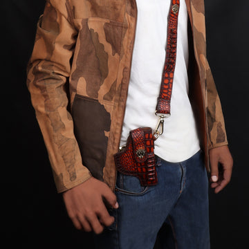 Smokey Finish .32 Revolver Cover in Cognac Deep Cut Leather with Adjustable Strap Belt Loop