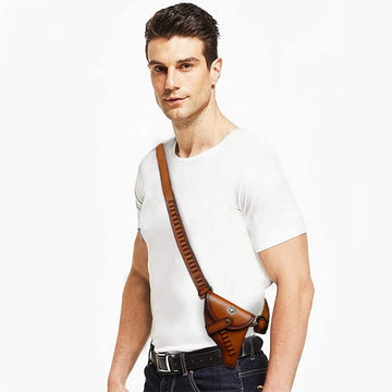 Hand Burnished Gun & Bullets Holder Cover in Tan Genuine Leather(MTO)