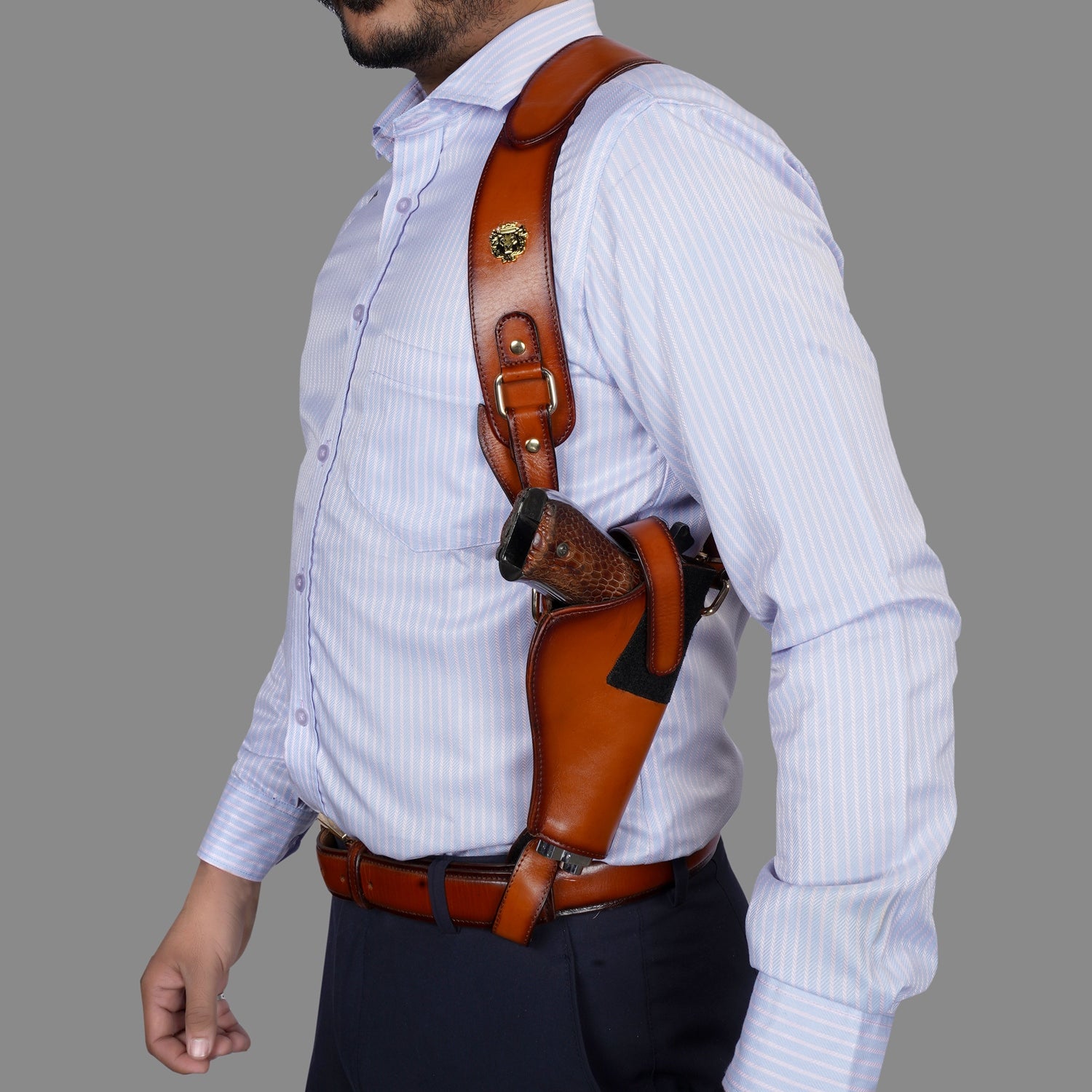 Single Shoulder Gun Holster in Tan Genuine Leather with Velcro Str