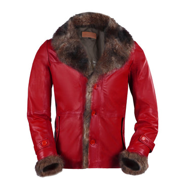 Light Weight Leather Long Red Jacket with Furr Collar & Sleeves By Brune & Bareskin
