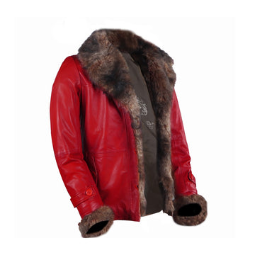 Light Weight Leather Long Red Jacket with Furr Collar & Sleeves By Brune & Bareskin