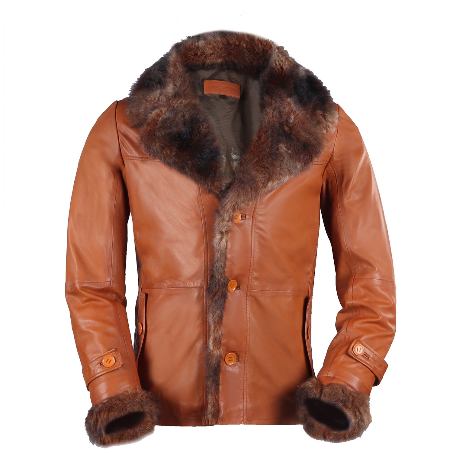 Tan Furr Collar Sleeves Leather Jacket For Men By Brune Bareskin