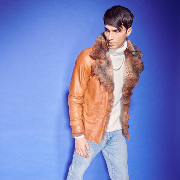 Tan Furr Collar & Sleeves Leather Jacket For Men  By Brune & Bareskin
