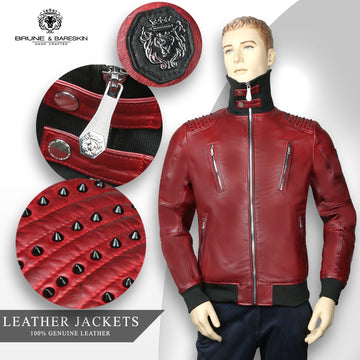 Black Studded Turtle Ribbed Collar Red Genuine Leather Jacket With Metal Lion Logo By Brune & Bareskin