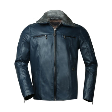 Zardosi Lion Fur Collar Front Zipper Pockets Blue Leather Jacket By Brune & Bareskin