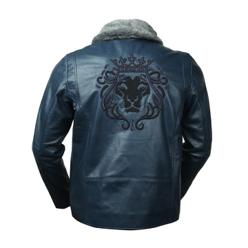 Zardosi Lion Fur Collar Front Zipper Pockets Blue Leather Jacket By Brune & Bareskin