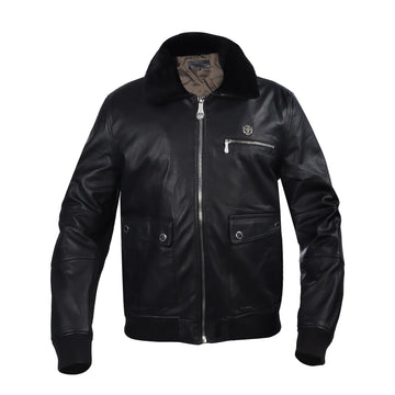 Ribbed Style Black Fur Collar Black Leather Bomber Jacket For Men By Brune & Bareskin