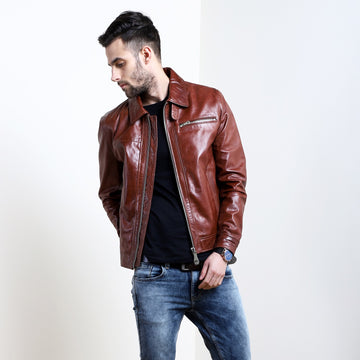 Regular Fit Cognac Leather Jacket with Club Collar Style  By Brune & Bareskin