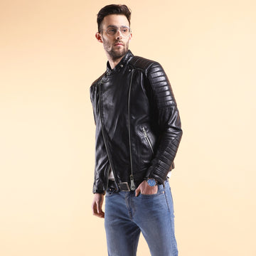 Padded Slim Fit Zipper Style Men's Black Leather Biker Jacket By Brune & Bareskin