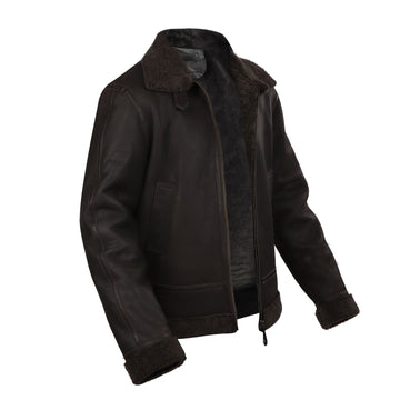 Classic Shearling Dark Brown Leather Contrasting Woven Collar Jacket with Metal Lion Logo by Brune & Bareskin