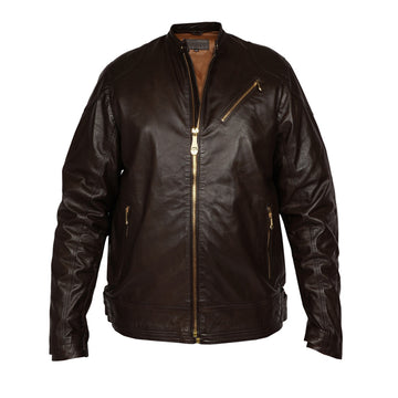 Metal Lion Front Zipper Ban Collar Men Dark Brown Leather Jacket