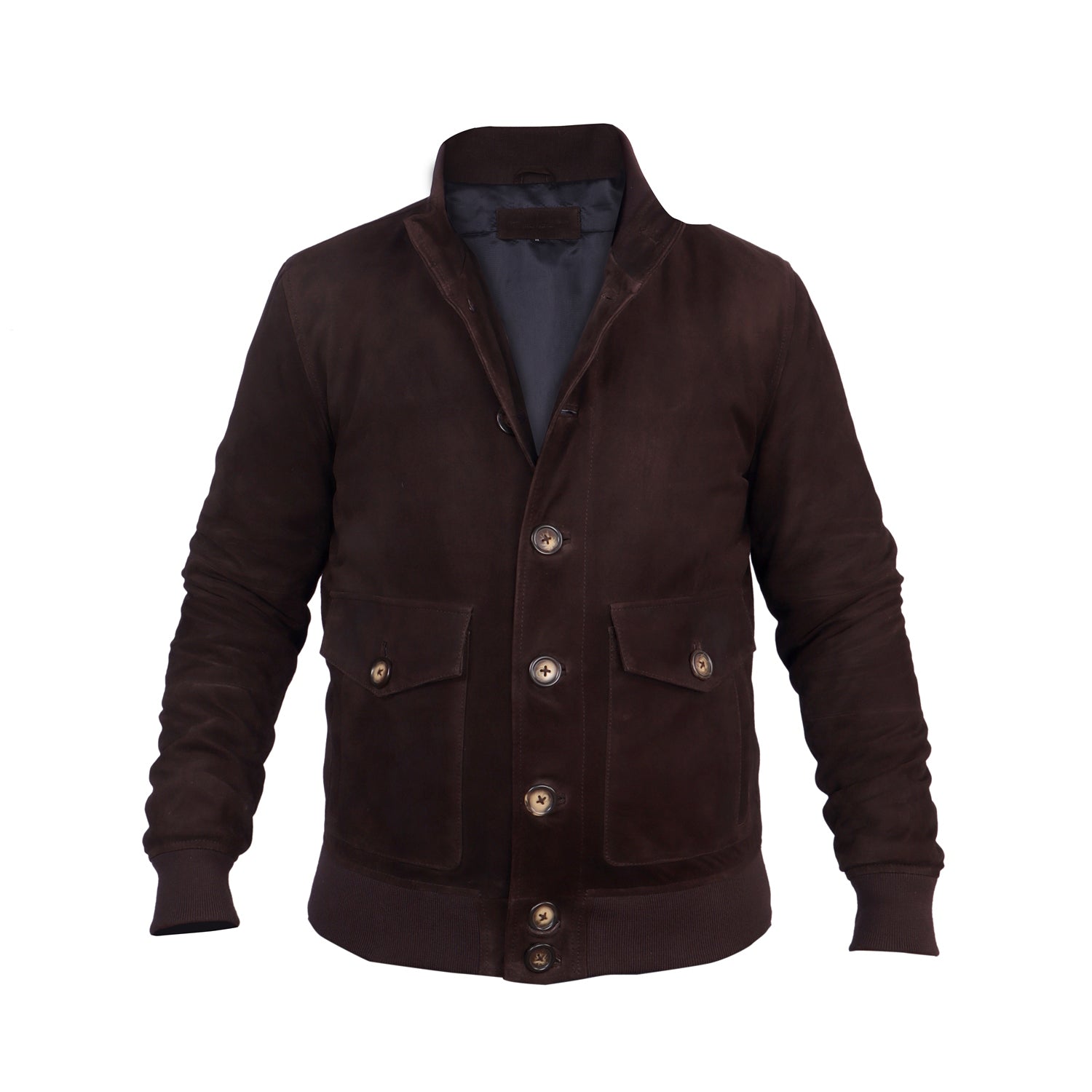 Dual Collar Bomber Dark Brown Suede Leather Jacket with Flap Pockets Button Closure By Brune And Bareskin