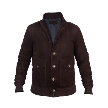 Dual Collar Bomber Dark Brown Suede Leather Jacket with Flap Pockets B