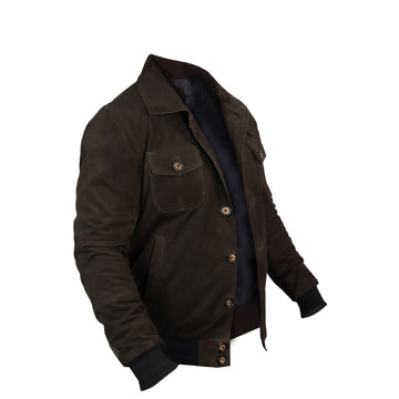 Dual Collar Bomber Olive Suede Leather Jacket For Men with Flap Pockets Button Closure By Brune And Bareskin
