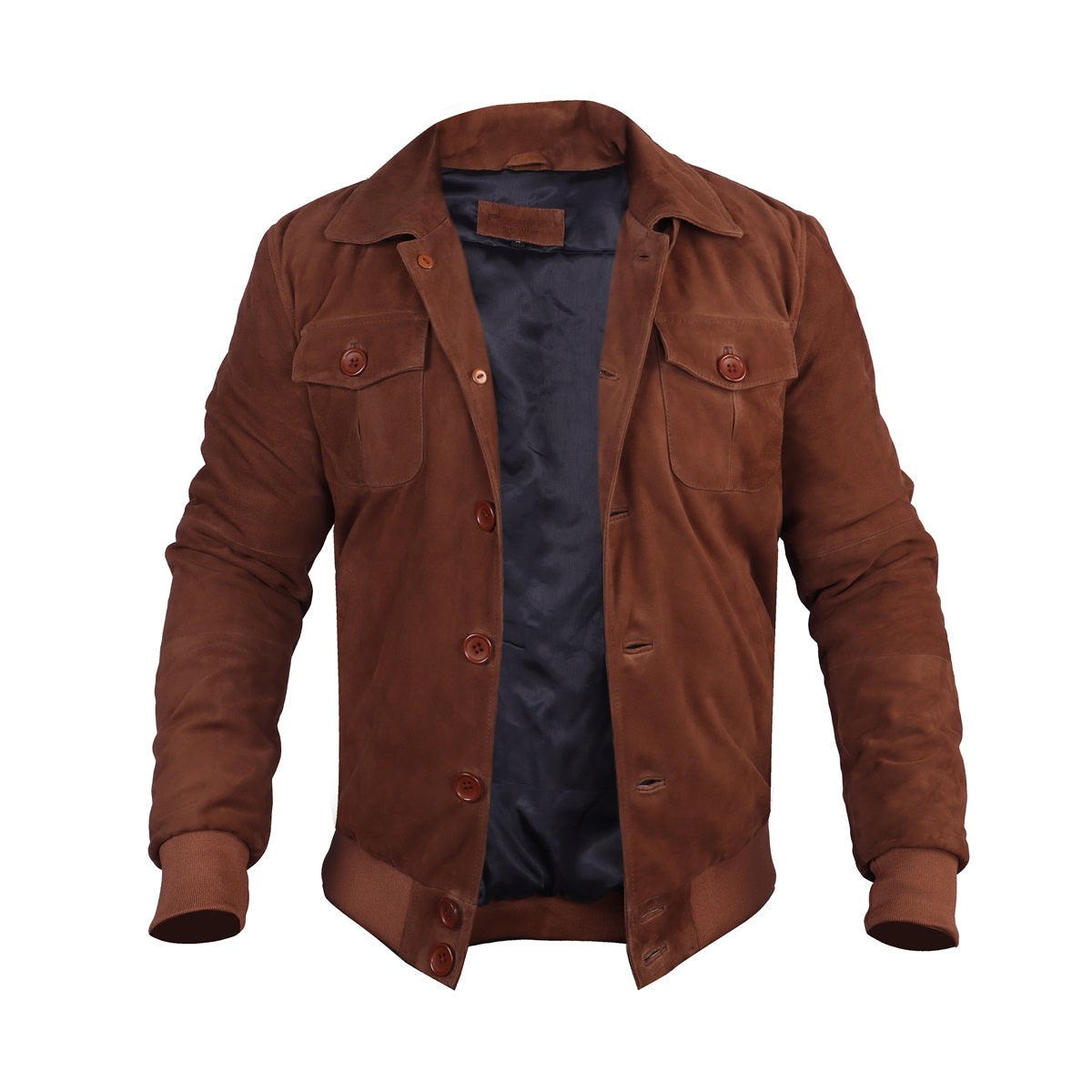 Dual Collar Bomber Tan Suede Leather Jacket For Men with Flap Pockets