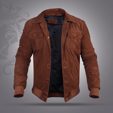 Dual Collar Bomber Tan Suede Leather Jacket For Men with Flap Pockets Button Closure By Brune And Bareskin