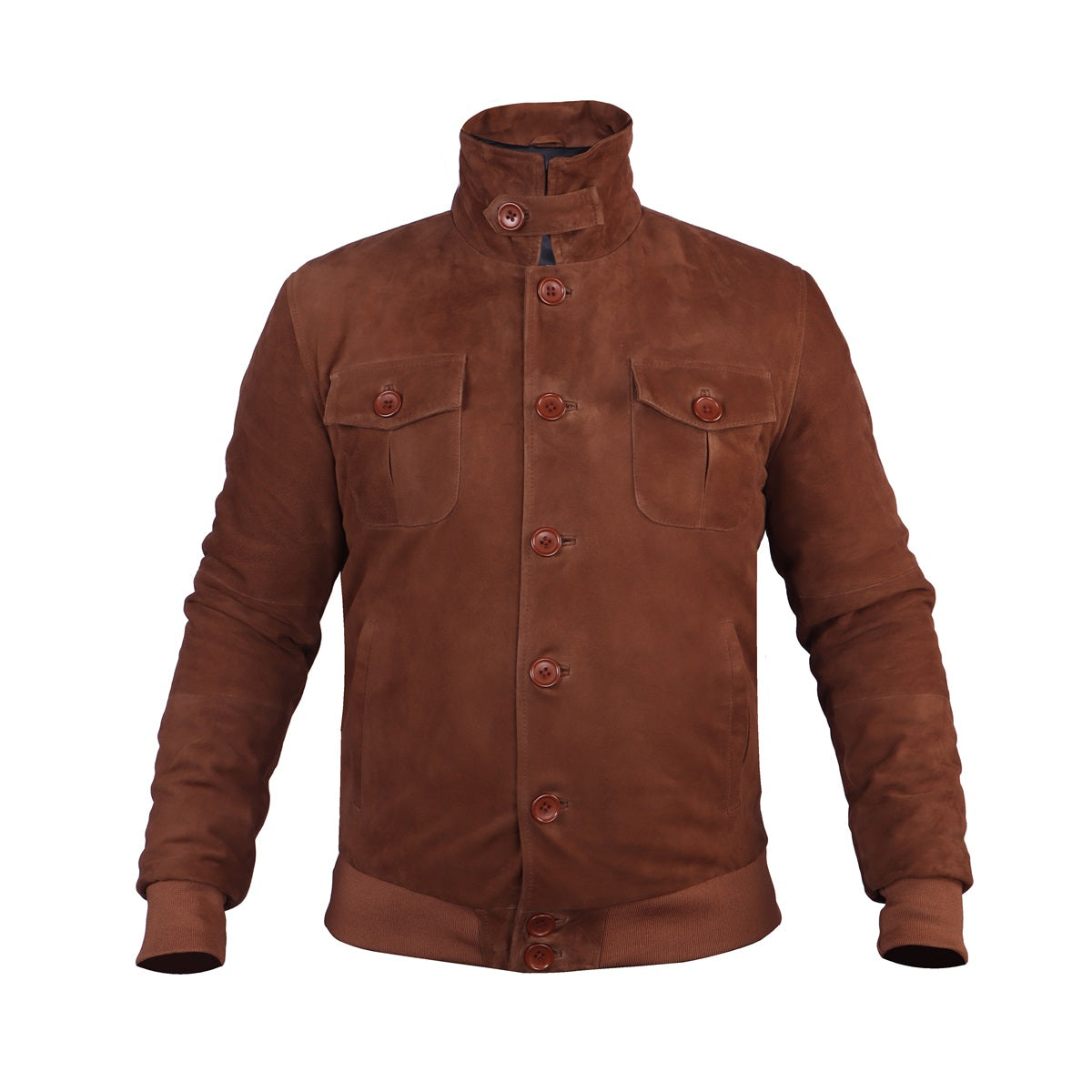 Dual Collar Bomber Tan Suede Leather Jacket For Men with Flap Pockets