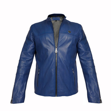 Classic Stylish Slim Fit Sky Blue Ban Neck Collar Front Zipper Pockets Men's Leather Jacket By Brune & Bareskin