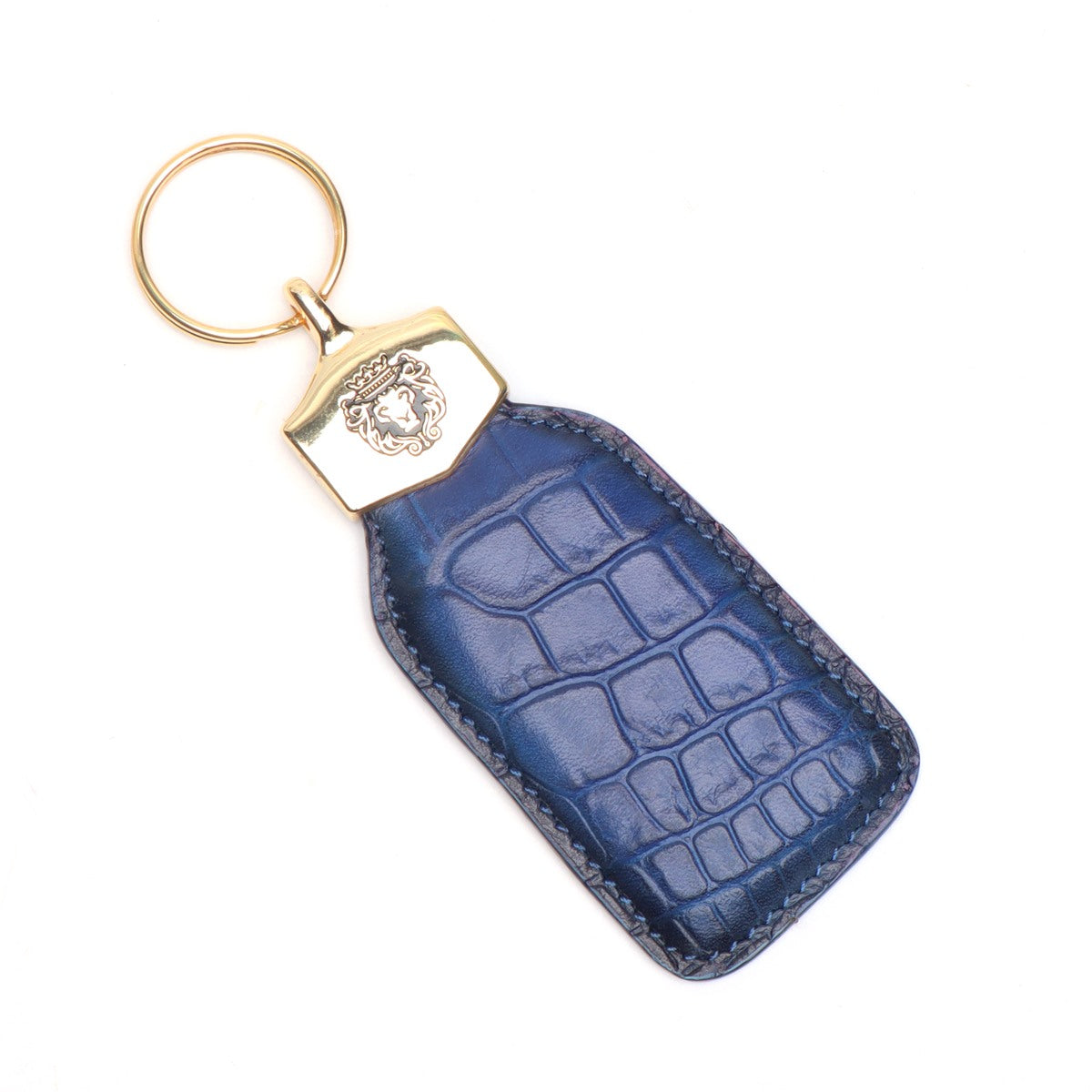 Blue Croco Print Leather With Golden Lion Logo Keychain By Brune & Bareskin
