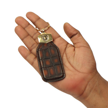 Dark Brown Deep Cut Croco Print Leather Large Scales Keychain By Brune & Bareskin